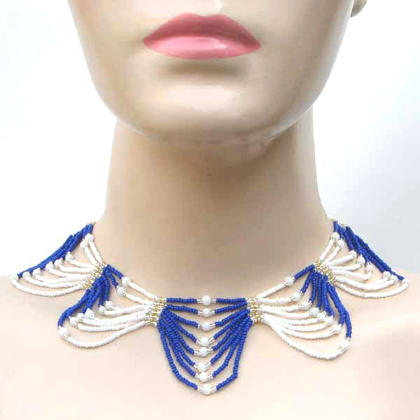 Blue White Golden Beadwork Frill Beaded Choker Necklace - Welcome Native