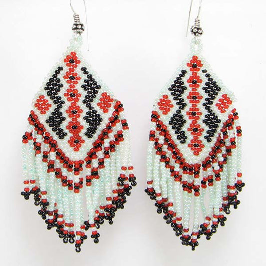 Black Light Grey Red Seed Beads Beaded Earrings Fringe - Welcome Native