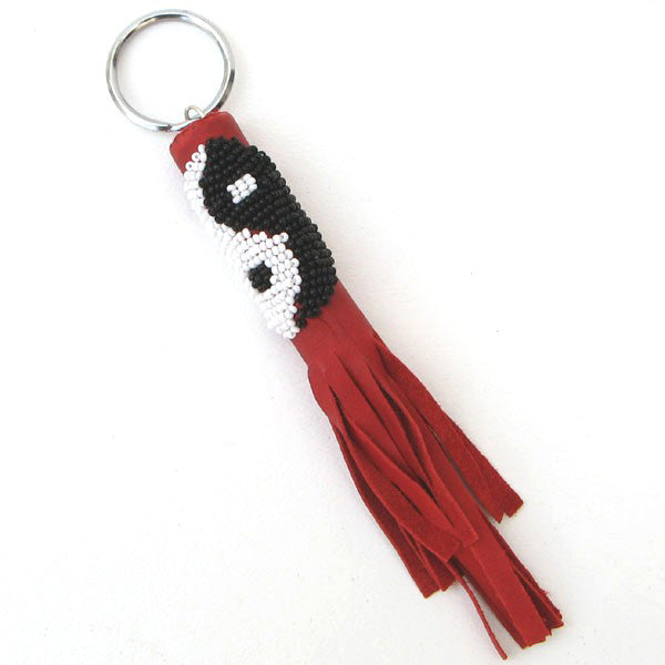 White Black Seed Beads Feng Shui Beaded Key Chain Charms Leather  - Welcome Native
