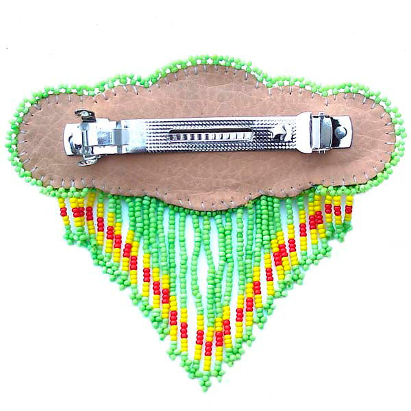 Beaded Barrette French Clip Yellow Green Rossette Fringe Beadwork - Beaded Hair Accessories - Welcome Native