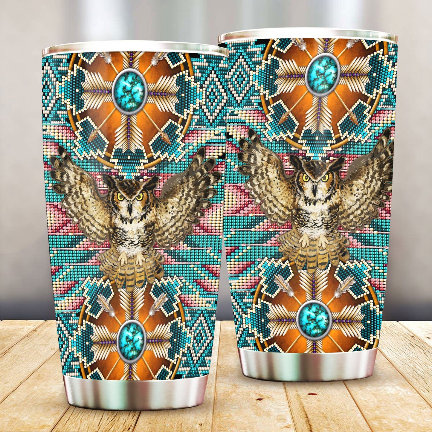 WelcomeNative Owl Pattern Tumbler, 3D Tumbler, All Over Print Tumbler, Native American