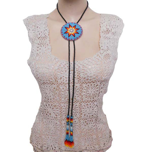 Turquoise Blue Seed Beaded Bolo Tie 3 Inch Handmade Star Beadwork - Welcome Native