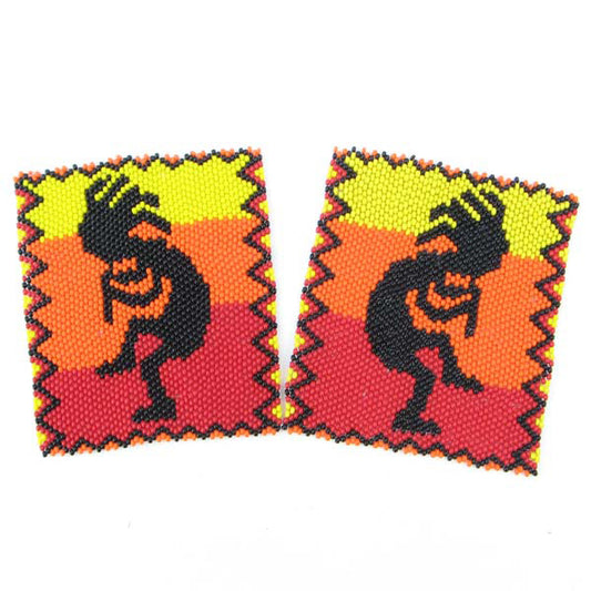 Fire Pattern Black Kokopelli Beadwork Beaded Coaster Rosette 2 Piece - Welcome Native