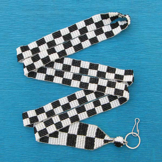 Black White Glass Beads Chess Beaded Lanyard Id Holder - Welcome Native