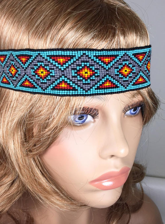 Blue Orange Handmade Beaded Stretchable Headband - Beaded Hair Accessories - Welcome Native