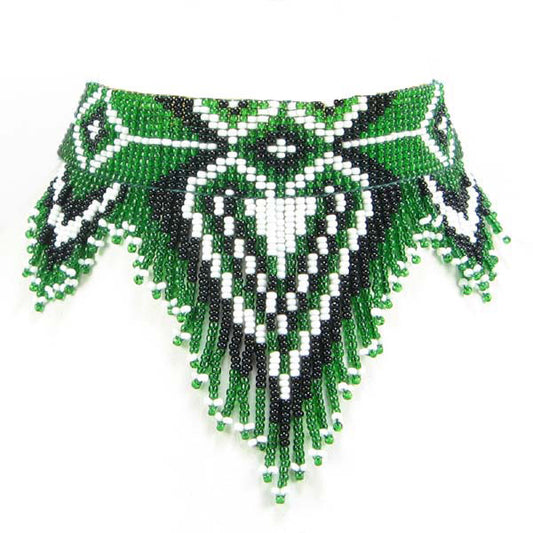 Green Black White Heart Beaded Bib Necklace Choker - Welcome Native