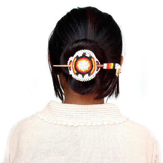 Beaded Barrette Wood Stick Slide Thunderbird Rosettes Beadwork - Beaded Hair Accessories - Welcome Native