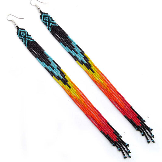 Black Fire Color Glass Seed Beads Beaded Extra Long Earrings 7.5 Inch- Welcome Native