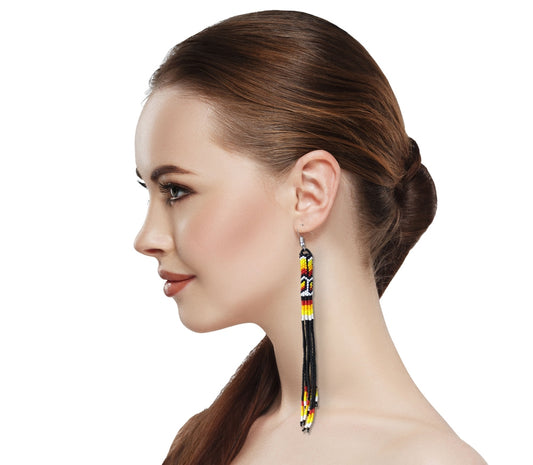 Black Fire Seed Beads Beaded Extra Long Earrings 5.5 Inch Handmade- Welcome Native