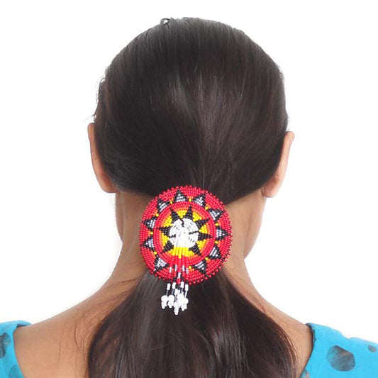 Beaded Ponytail Holder Hair Tie Red Fire Medallion Beadwork Fringe - Beaded Hair Accessories - Welcome Native