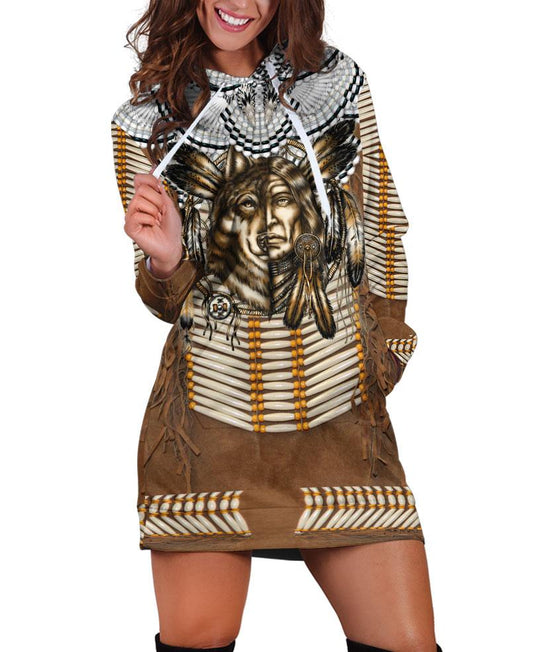 WelcomeNative Native Brown Motifs Hoodie Dress, 3D Hoodie Dress, All Over Print Hoodie Dress