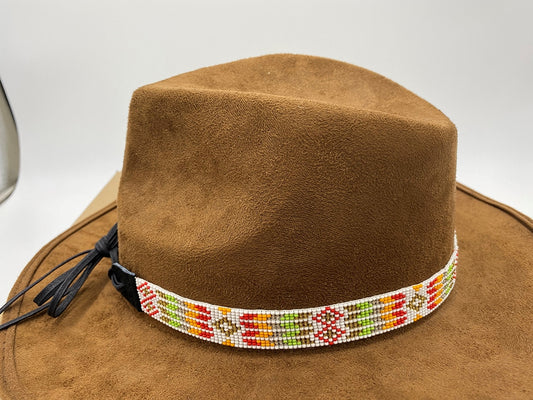 Handmade Beaded White Orange Green Geometric Pattern Cowboy Hatband - Welcome Native