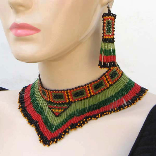 Enclosure For Ceremonial Dances Beaded Bib Necklace Earrings Set Green Red - Welcome Native