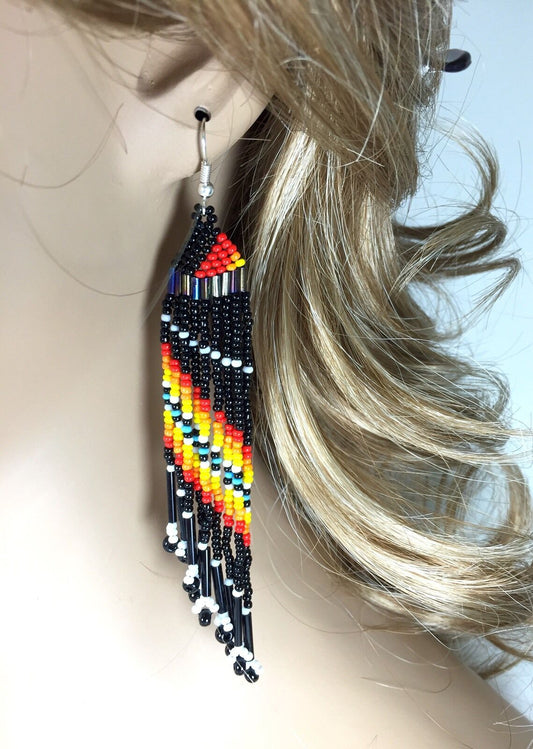 Black Multicolored Seed Beaded Earrings Handmade- Welcome Native