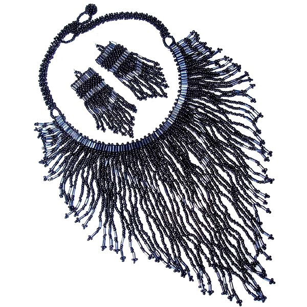 Handmade Beaded Black Bugle Seed Bead Bib Necklace - Welcome Native