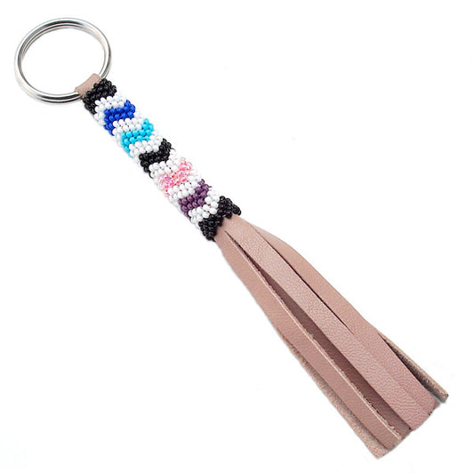 Multicolor Seed Beaded Leather Keyring Charm Handmade  - Welcome Native