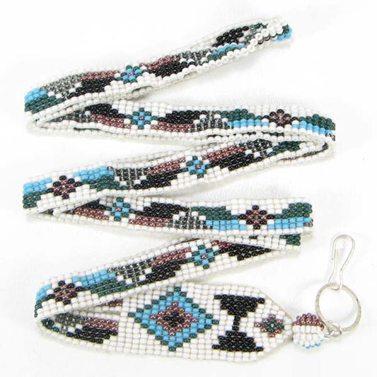 Blue Black White Glass Beads Beaded Lanyard Id Holder Handmade - Welcome Native