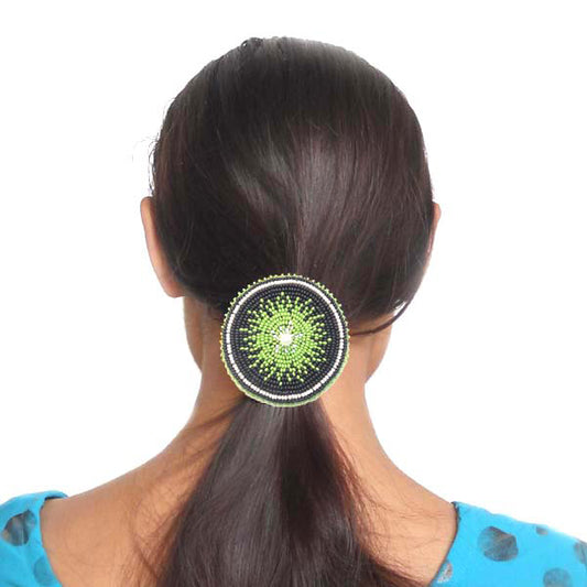 Beaded Ponytail Holder Hair Tie Black Green Medallion Beadwork - Beaded Hair Accessories - Welcome Native