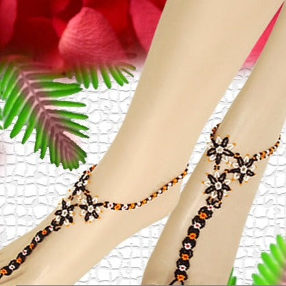 Black Orange White Flower Beadwork Beaded Barefoot Anklet A15/1 - Beaded Anklets - Welcome Native