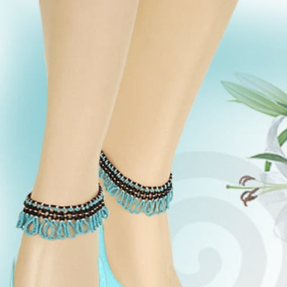 Turquoise Blue Black Seed Beads Beaded Anklet Handmade - Beaded Anklets - Welcome Native