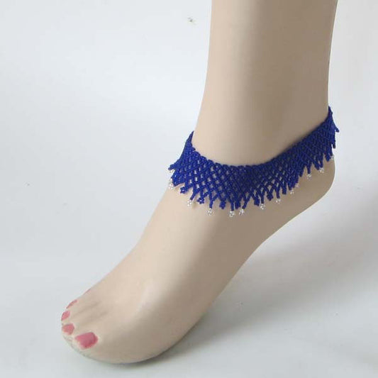 Blue Seed Beads Beaded Stretchable Anklet 16/2 - Beaded Anklets - Welcome Native