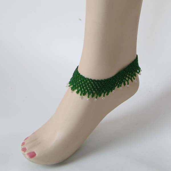 Dark Green Seed Beaded Stretchable Anklet Handmade A16/5 - Beaded Anklets - Welcome Native