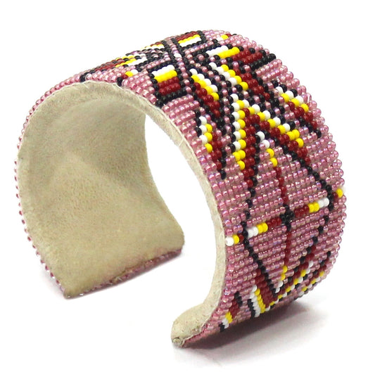 Pink red handmade beaded Cuff leather bracelet B40/1- Beaded Bracelets - Welcome Native