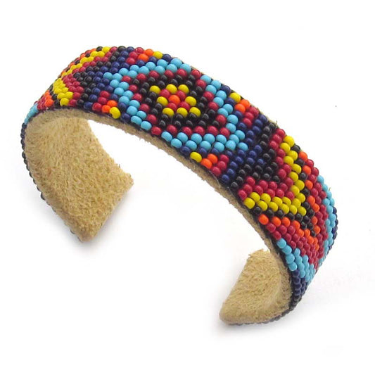 Multi Color Seed Bead Bracelet Hard Cuff Leather Narrow B53/11 - Beaded Bracelets - Welcome Native