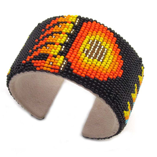 Black Fire Bear Paw Seed Bead Bracelet Hard Cuff Leather Wide- Beaded Bracelets - Welcome Native