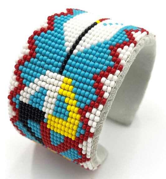 Handmade beaded Turquoise Blue White Feather Cuff Bracelet   - Beaded Bracelets - Welcome Native