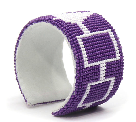 Purple White Seed Beads Hiawatha Beadwork Beaded Bracelet Leather  - Beaded Bracelets - Welcome Native