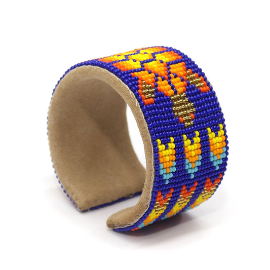 Blue Orange Turtle Seed Bead Bracelet Hard Cuff Wide Leather - Beaded Bracelets - Welcome Native