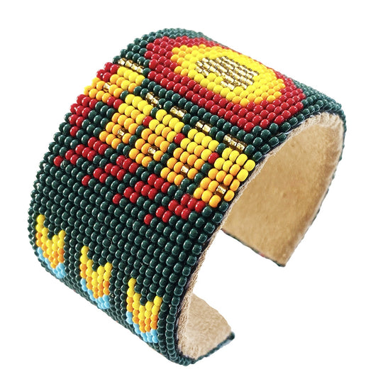 Handmade beaded Hunter Green Red Bear Paw Leather Cuff Bracelet - Beaded Bracelets - Welcome Native