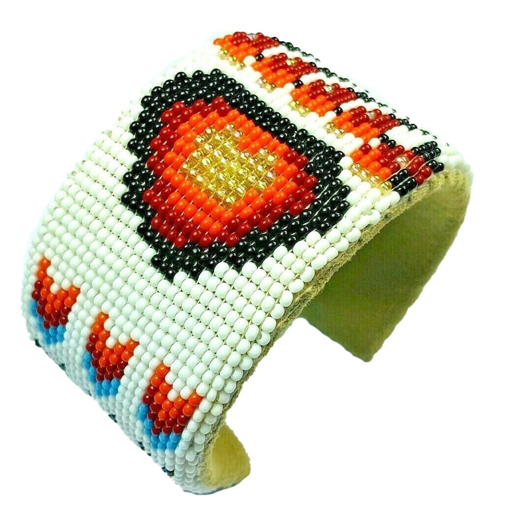 Handmade beaded White Red Bear Paw Leather Cuff Bracelet - Beaded Bracelets - Welcome Native