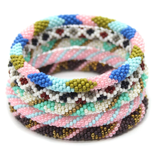 Handmade Pink Blue Cream seed beaded Crochet Bracelet - Beaded Bracelets - Welcome Native