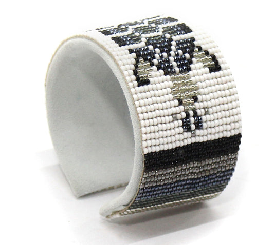 Handmade Beaded Gray Turtle Seed bead Cuff Adjustable Leather bracelet- Beaded Bracelets - Welcome Native