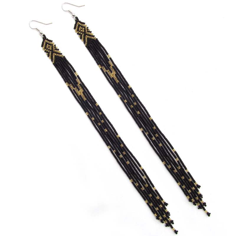 WelcomeNative Black Golden Glass Seed Beads Beaded Extra Long Earrings