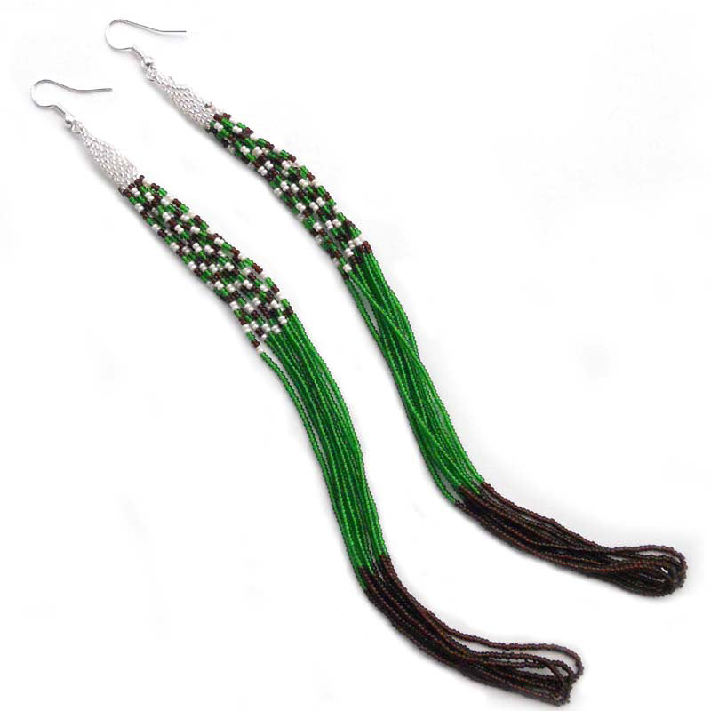 WelcomeNative Black Golden Glass Seed Beads Beaded Extra Long Earrings