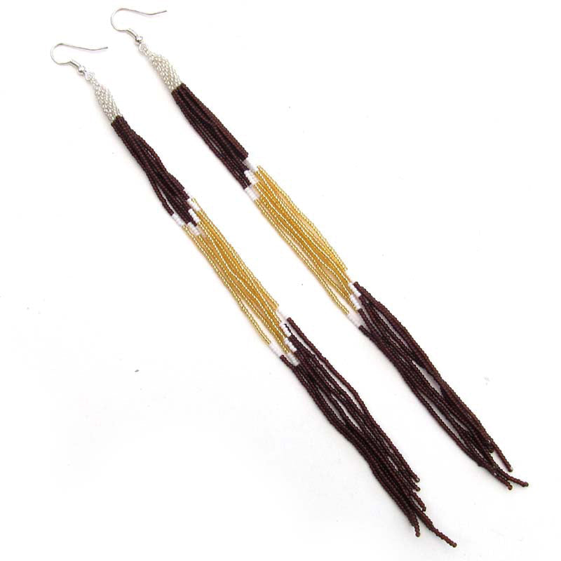 WelcomeNative Black Golden Glass Seed Beads Beaded Extra Long Earrings