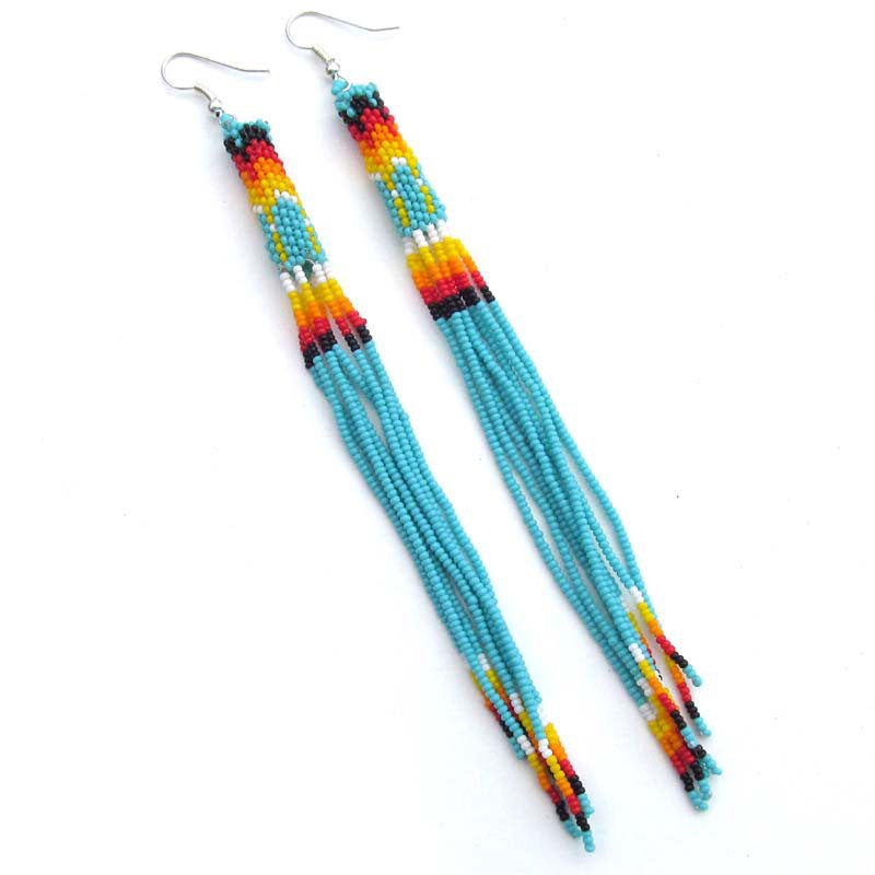 WelcomeNative Black Fire Color Glass Seed Beads Beaded Extra Long Earrings