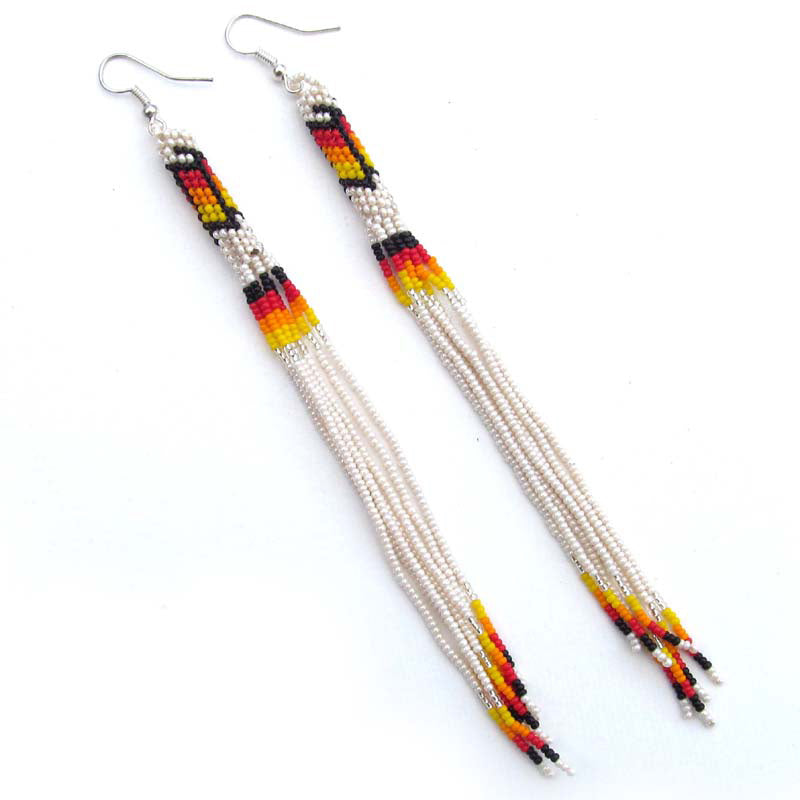 WelcomeNative Black Fire Color Glass Seed Beads Beaded Extra Long Earrings