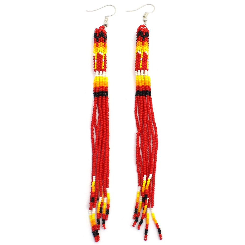 WelcomeNative Black Fire Color Glass Seed Beads Beaded Extra Long Earrings