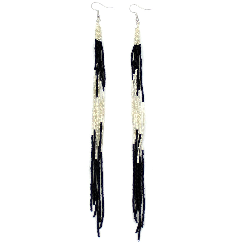 WelcomeNative Black Golden Glass Seed Beads Beaded Extra Long Earrings