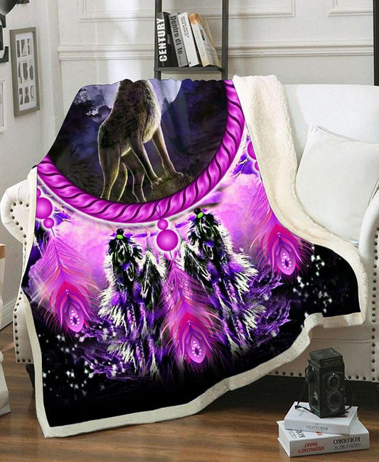 WelcomeNative Purple Wolf Dream Fleece Blanket, 3D Fleece Blanket, All Over Print, Native American