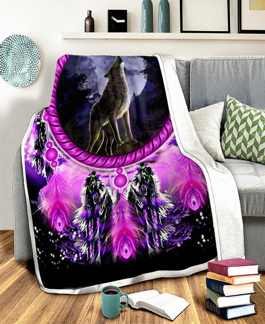 WelcomeNative Purple Wolf Dream Fleece Blanket, 3D Fleece Blanket, All Over Print, Native American