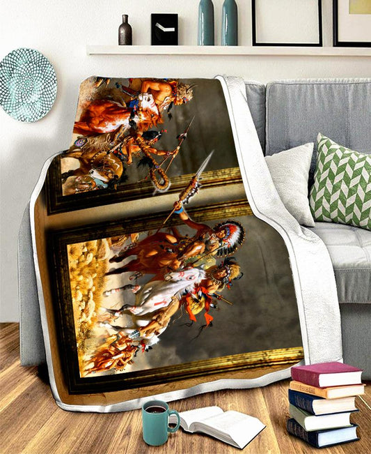 WelcomeNative Wariors Fleece Blanket, 3D Fleece Blanket, All Over Print, Native American
