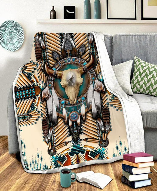 WelcomeNative Buffalo Head Motifs Fleece Blanket, 3D Fleece Blanket, All Over Print, Native American