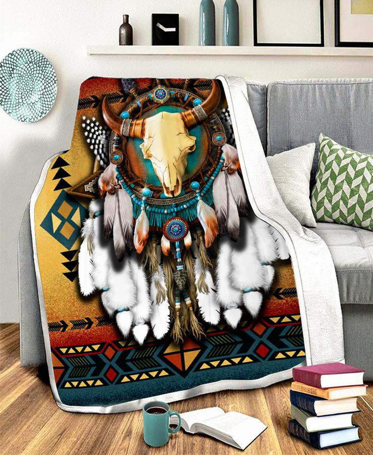 WelcomeNative Native Bull Patterns Fleece Blanket, 3D Fleece Blanket, All Over Print, Native American