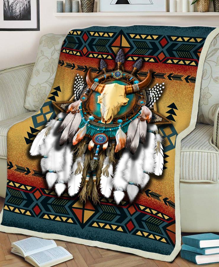 WelcomeNative Native Bull Patterns Fleece Blanket, 3D Fleece Blanket, All Over Print, Native American