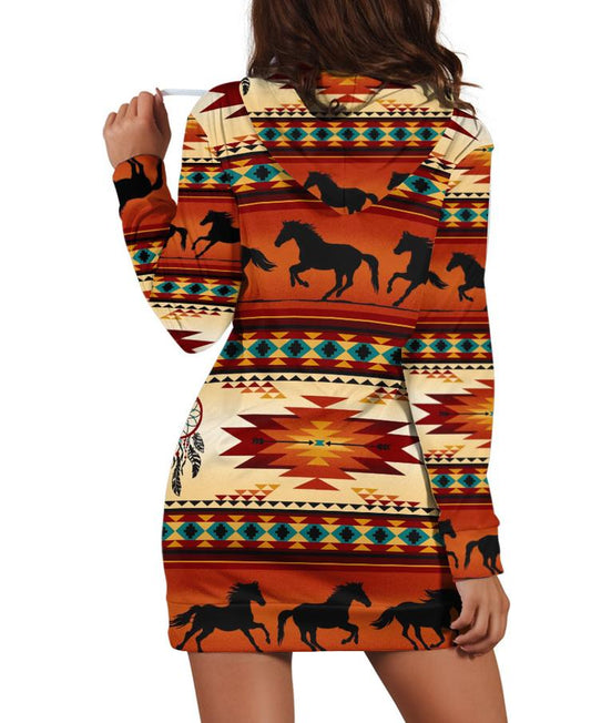 WelcomeNative Native Horse Pattern Hoodie Dress, 3D Hoodie Dress, All Over Print Hoodie Dress